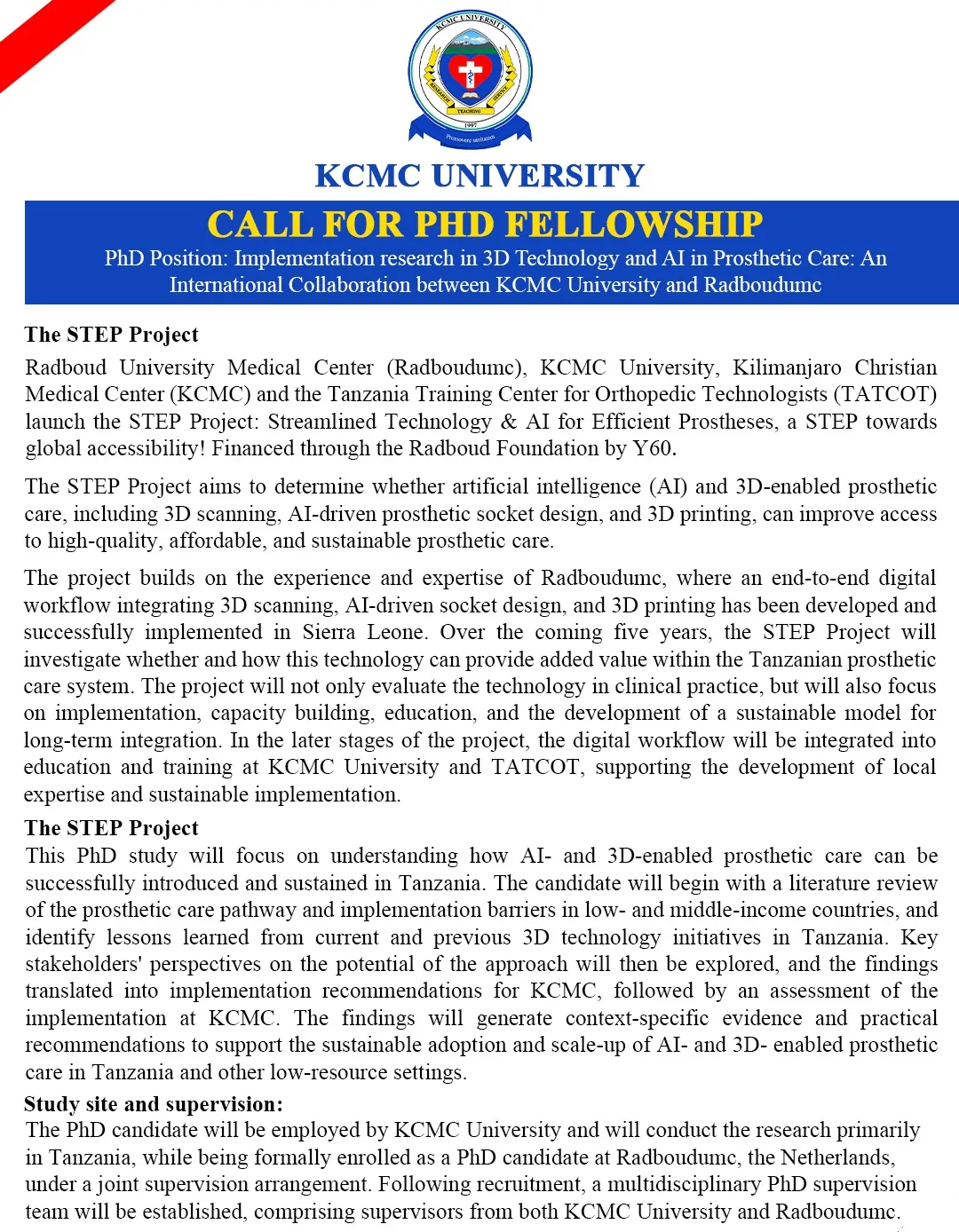 KCMC University Call for PhD Fellowship
