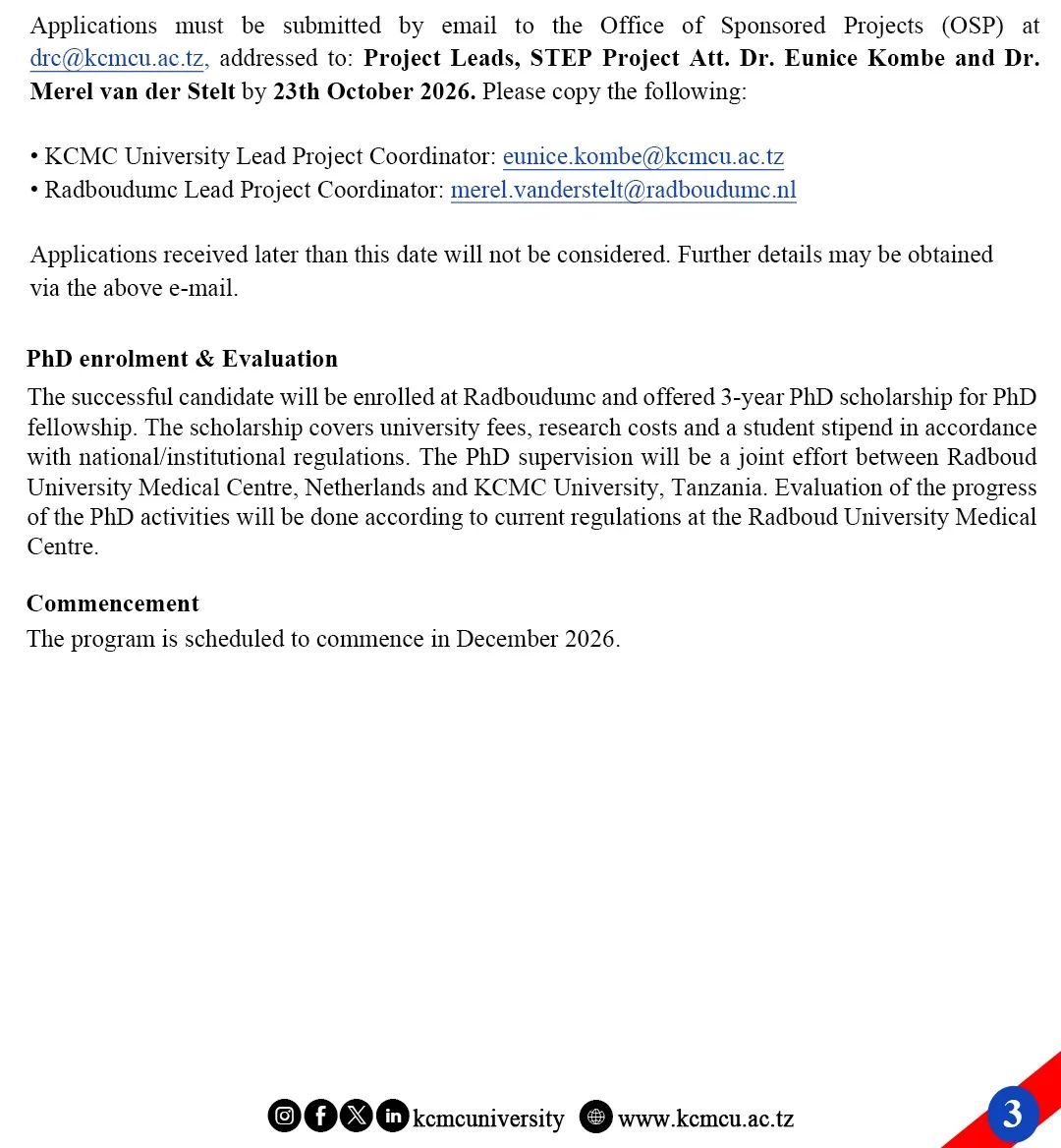 KCMC University Call for PhD Fellowship